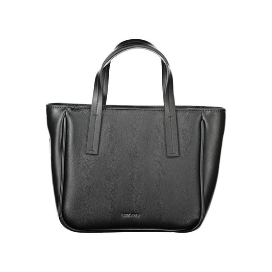 Calvin Klein black polyethylene women's handbag with dual handles and zip closure, featuring a versatile style and subtle logo.