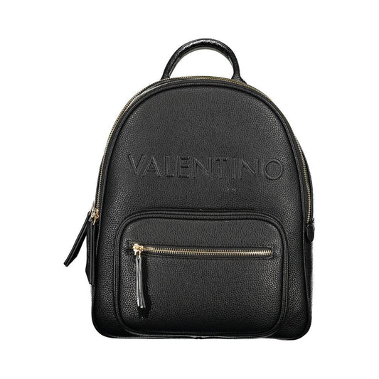 Valentino black backpack with handle, adjustable straps, external pocket, two compartments, and logo design made from recycled materials.