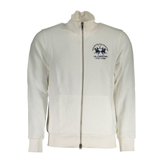 La Martina white men's sweater with zip front, embroidered logo, long sleeves, and central pockets. 85% cotton, 15% polyester.