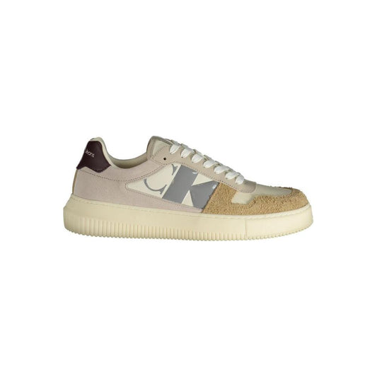 Calvin Klein beige polyester sneaker with laces, contrasting details, logo print, and 50% recycled thermoplastic rubber sole.