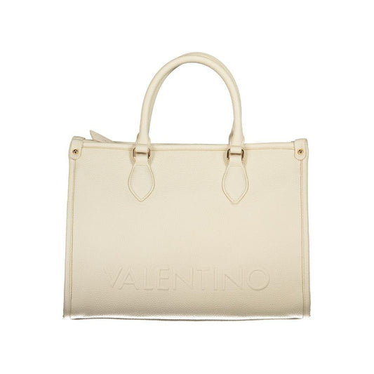 Valentino beige polyethylene handbag with two handles, adjustable strap, internal pockets, protective feet, and logo design.