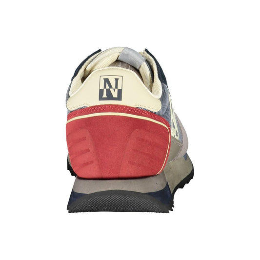 Back view of Napapijri gray leather men's sneaker with red, black, and beige accents, featuring iconic logo on heel.
