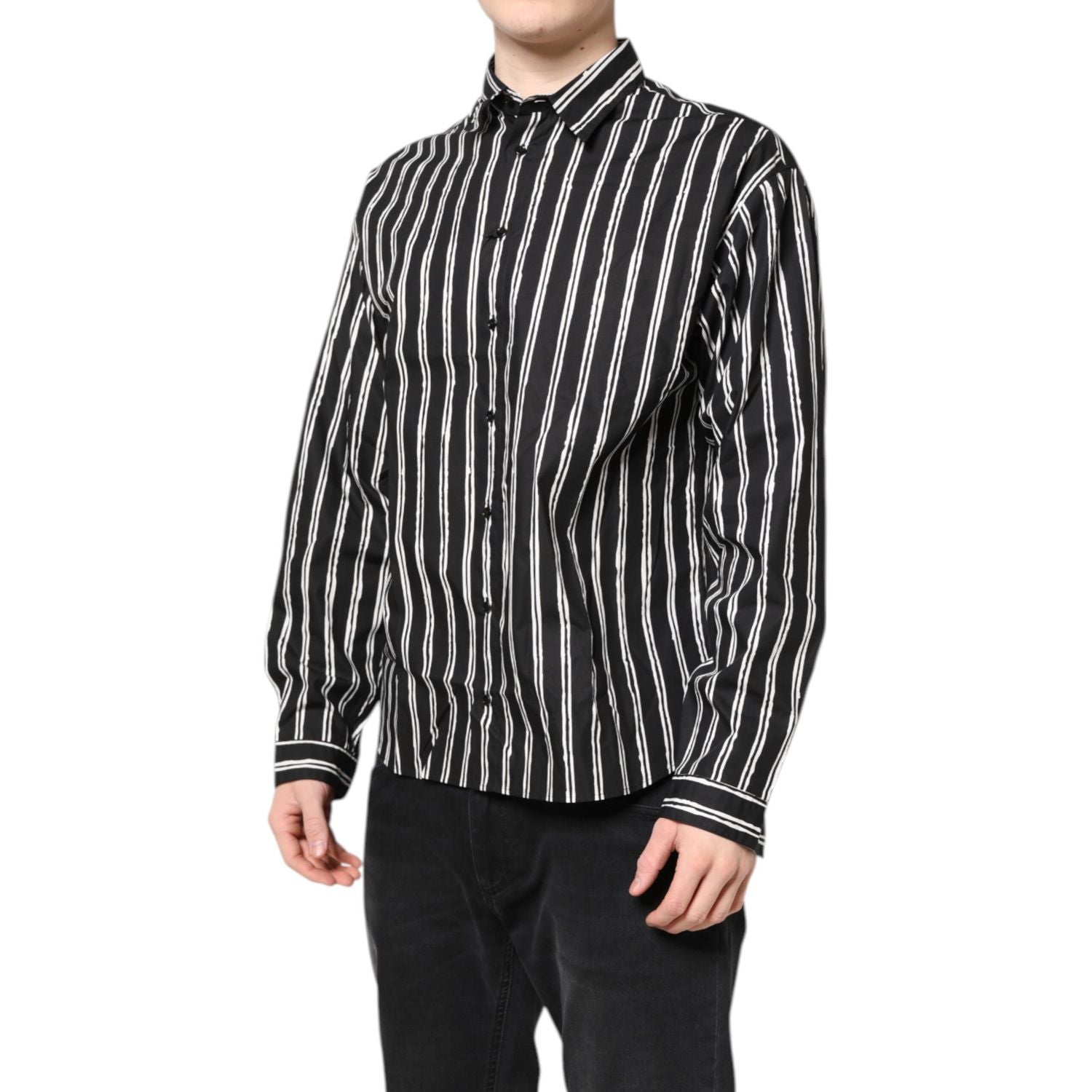 Dolce & Gabbana Black White Striped Cotton Dress Shirt