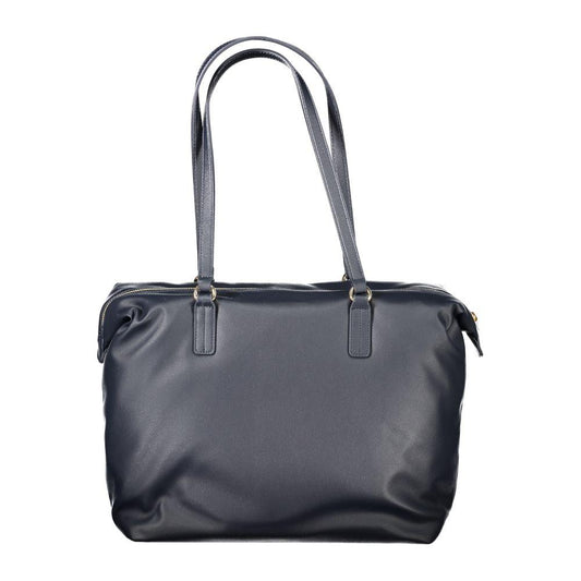 Tommy Hilfiger blue polyester women handbag with twin handles, secure zip closure, and designer logo, eco-friendly material.
