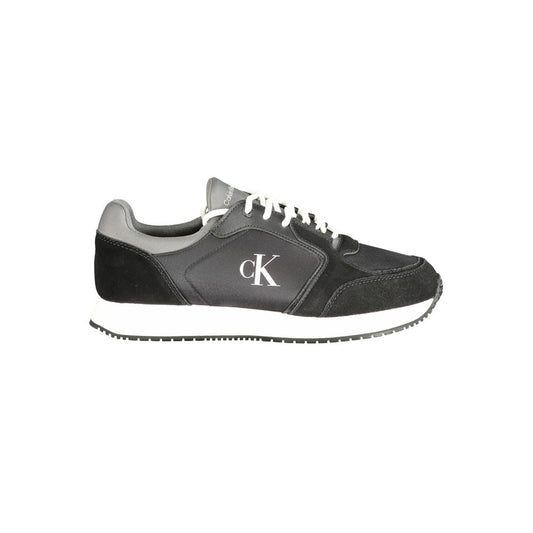 Calvin Klein black leather men's sneaker with grey and white details, featuring a sleek design and iconic logo for modern style.