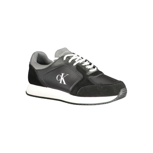 Calvin Klein black leather men's sneaker with logo, featuring sleek design and grey and white details for modern style and comfort.
