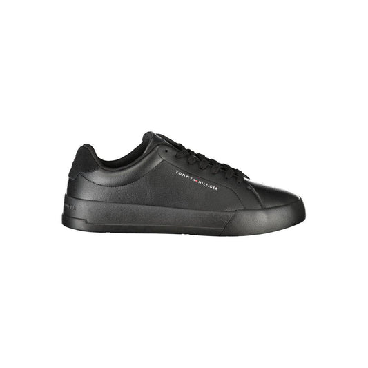 Tommy Hilfiger black leather men's sneaker with logo, showcasing sleek street style and removable insole for comfort and fashion.