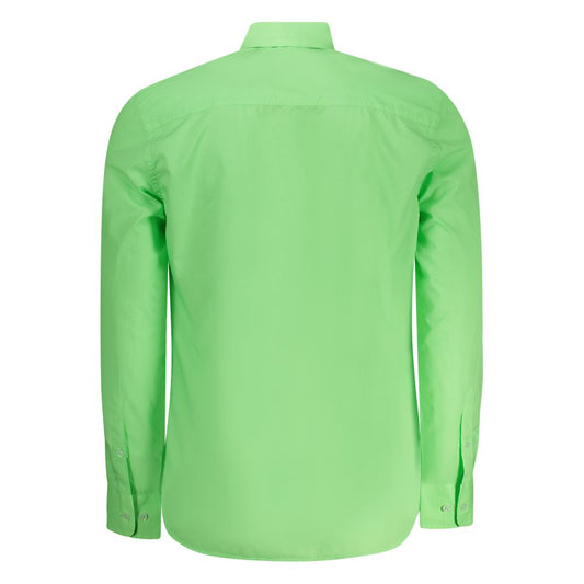 Back view of North Sails green cotton men's long sleeve shirt with button-down collar and logo embroidery.