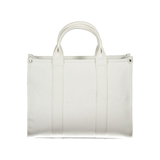 Valentino white polyethylene handbag with dual handles, adjustable shoulder straps, internal pockets, and zip closure.