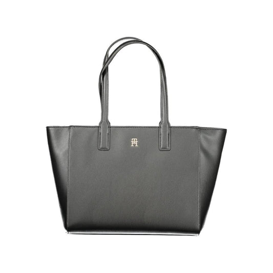 Tommy Hilfiger black recycled polyester women's handbag with two handles, featuring iconic logo and eco-friendly chic design.