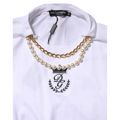Dolce & Gabbana White Chain Pearl Cotton Round Neck T-shirt