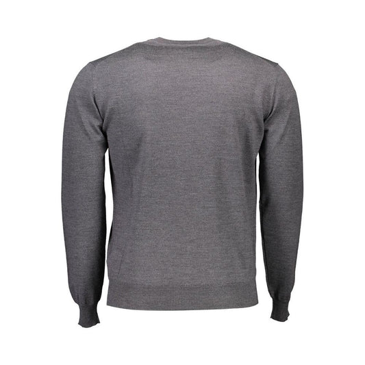 Harmont & Blaine gray wool men's sweater, back view, long-sleeved, round neck, showcasing luxury and comfort in subtle gray.