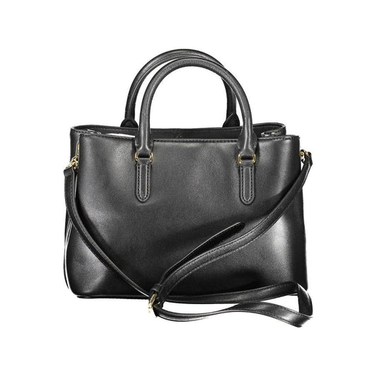 Ralph Lauren black leather handbag with handles, adjustable shoulder strap, multiple compartments, and zipper closure.