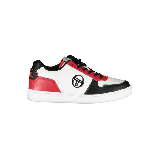 Sergio Tacchini white polyester men's sneaker with red and black accents and iconic embroidery, showcasing sports luxe design.