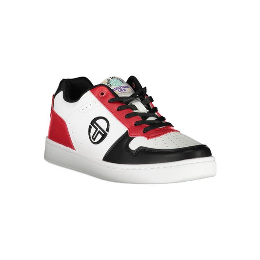 Sergio Tacchini white men's sneakers with red and black accents, featuring iconic embroidery on the side.