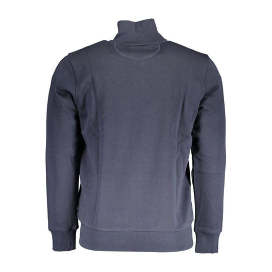 La Martina blue cotton men’s sweater, back view, with practical zip and dual pockets, featuring intricate embroidery and logo.
