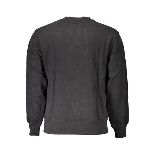 Back view of Calvin Klein black cotton men's sweater with round neck and long sleeves, crafted from 100% cotton material.