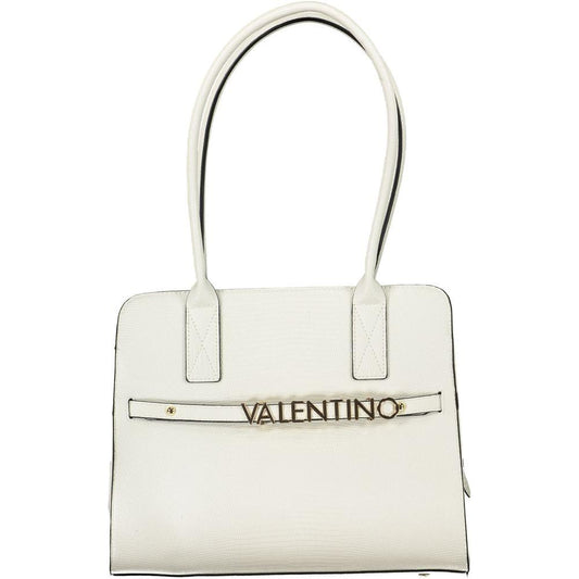 Valentino white polyethylene handbag with two shoulder handles, three compartments, internal pocket, logo, and protective feet.