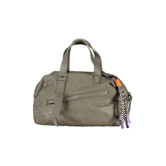 Desigual green polyethylene handbag with adjustable handles, removable strap, external pocket, contrast details, and zip closure.