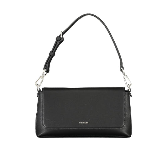 Calvin Klein black handbag with removable handle and adjustable strap, featuring logo, snap closure, and internal card pocket.