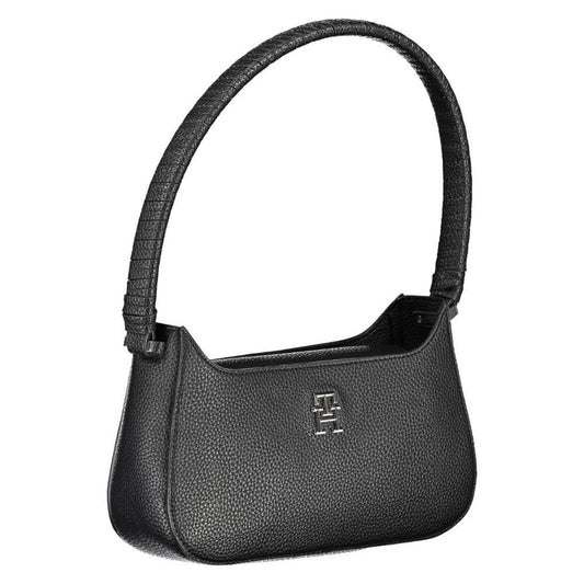 Tommy Hilfiger black polyethylene handbag with shoulder handle, magnet closure, and logo.