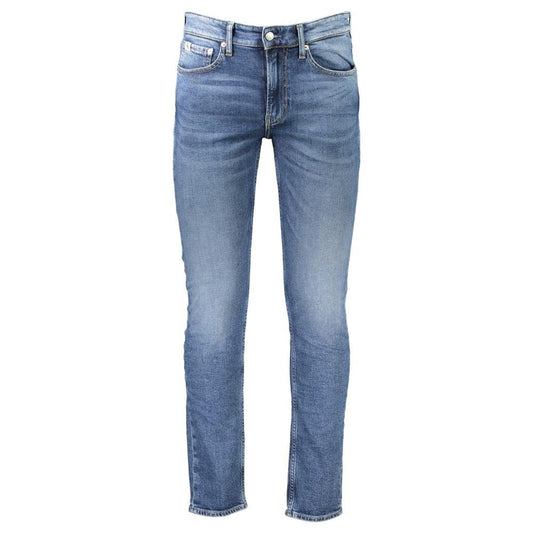Calvin Klein slim taper blue cotton jeans with 5 pockets, button and zip closure, featuring logo and 20% recycled cotton.