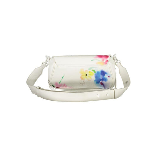 Desigual white polyethylene handbag with floral design, adjustable removable strap, multiple compartments, and contrast details.