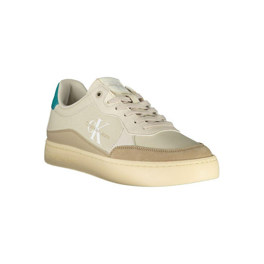 Calvin Klein beige polyester sneaker with contrast details, lace-up design, and logo print; made with 50% recycled thermoplastic rubber.