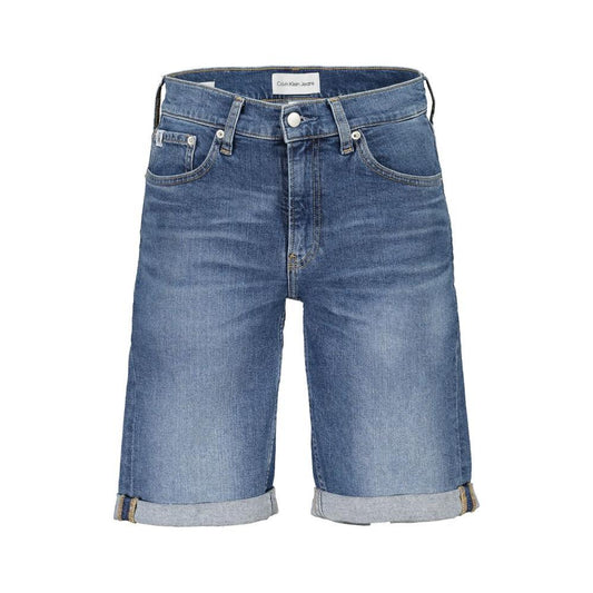 Calvin Klein blue slim jeans shorts, featuring 5 pockets, button and zip closure, logo, made with 20% recycled cotton.