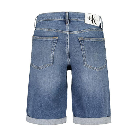 Calvin Klein blue cotton jean shorts, slim fit with 5 pockets, button and zip closure, featuring 20% recycled cotton label.