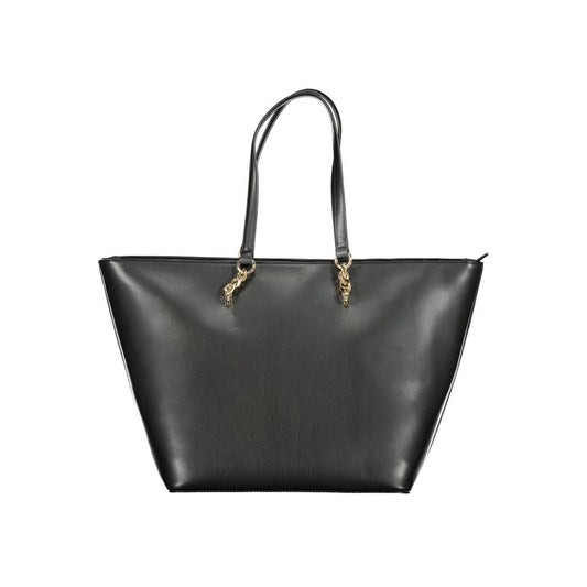 Tommy Hilfiger black handbag with shoulder handles, zip closure, and logo, featuring two internal pockets.