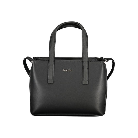 Calvin Klein black polyester handbag with two handles, adjustable shoulder strap, zip closure, and internal card pocket.