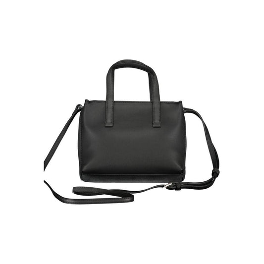 Calvin Klein black polyester handbag with two handles, adjustable shoulder strap, zip closure, and internal card pocket.