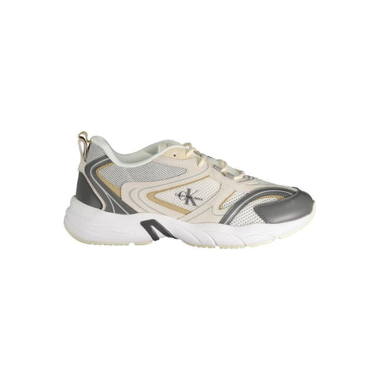 Calvin Klein beige polyester sneaker with laces, contrast details, and logo print designed for sports footwear.