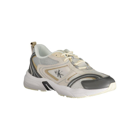Calvin Klein beige polyester sneaker with laces, featuring contrast details, print, and logo design. Ideal sports footwear.
