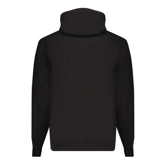 Back view of Calvin Klein black cotton sweater with hood, featuring long sleeves and central pocket, made with 50% recycled polyester.