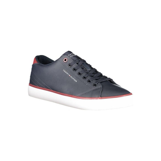 Tommy Hilfiger blue polyester sneaker with laces, contrast details, print, and logo.