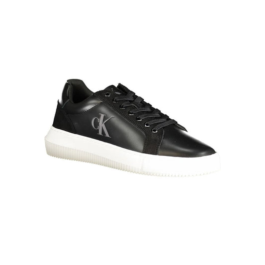 Calvin Klein black polyester sneaker with laces, contrasting details, and logo; features 50% recycled thermoplastic rubber sole.