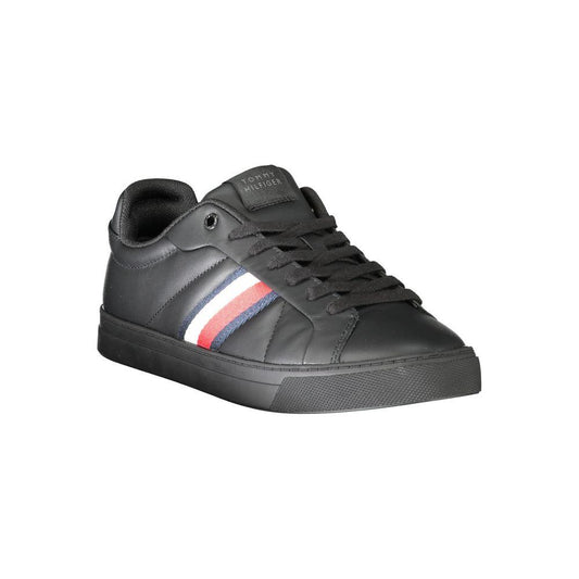 Tommy Hilfiger black leather men's sneaker with contrasting details and iconic logo, showcasing sleek style and comfort.