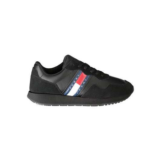 Tommy Hilfiger black leather men's sneaker with iconic logo and sporty design, perfect for stylish and versatile wear.