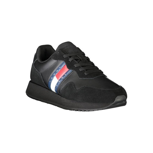 Tommy Hilfiger black leather men's sneakers with iconic logo and red, white, blue stripes, sporty luxury footwear.