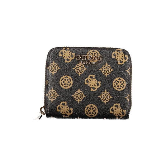Guess Jeans brown polyethylene wallet featuring laurel design, zip closure, and logo. Includes card spaces and coin purse.