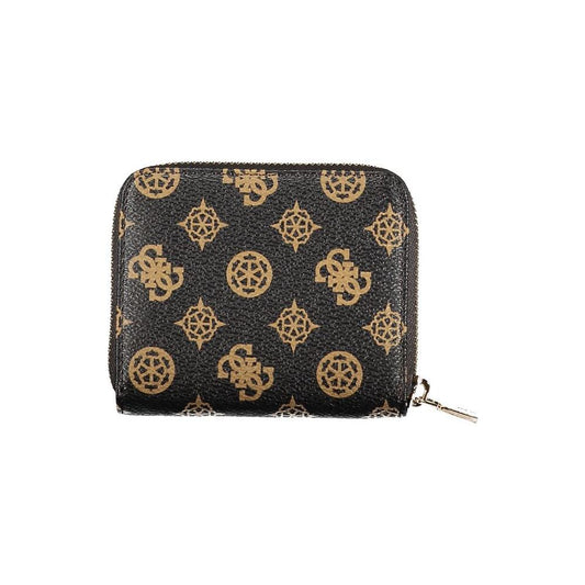 Guess Jeans brown polyethylene wallet with logo pattern, features coin purse, card spaces, contrasting details, and zip closure.