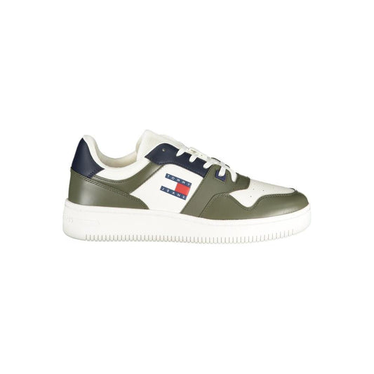 Tommy Hilfiger green leather men's sneaker with blue and white accents, featuring iconic logo and durable materials for stylish comfort.