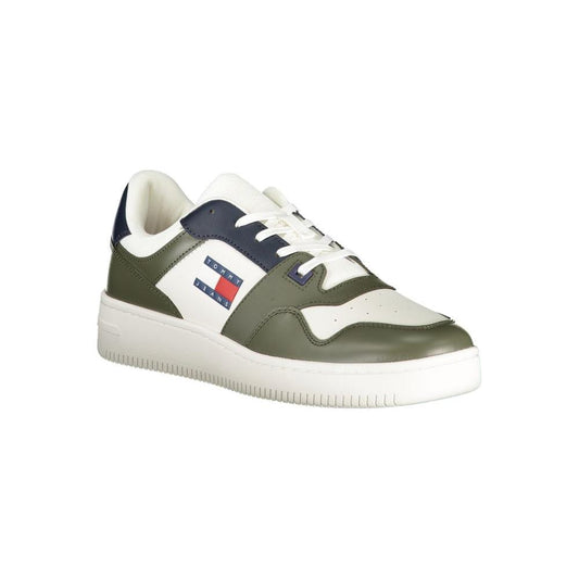Tommy Hilfiger green leather men's sneaker with white and blue accents, iconic logo, and durable materials for stylish comfort.