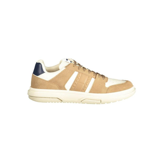 Tommy Hilfiger Beige Leather Men Sneaker with brown and blue accents, showcasing casual sophistication and modern flair.