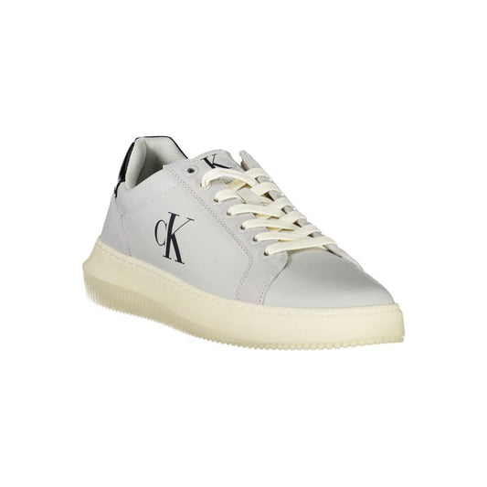 Calvin Klein gray leather men sneaker with logo, featuring eco-friendly design and removable footbed for comfort and style.