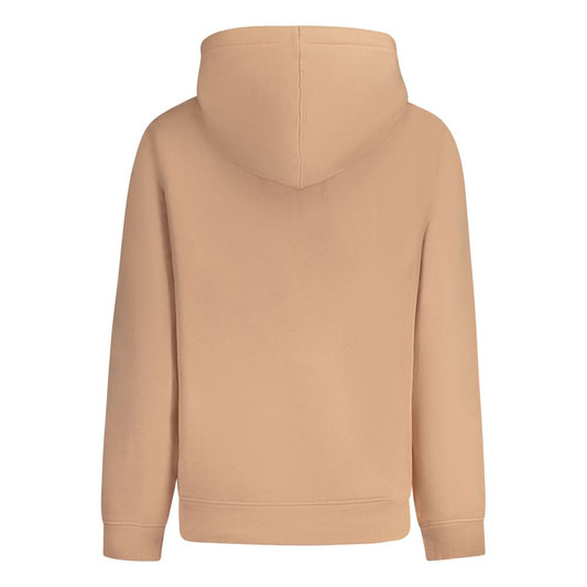 Back view of a beige hoodie featuring a hood and long sleeves, showcasing a simple yet elegant design for casual wear.