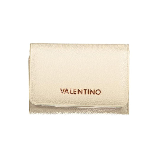 Valentino beige polyethylene wallet with logo, featuring 3 compartments, card spaces, coin purse, zip, and automatic closure.