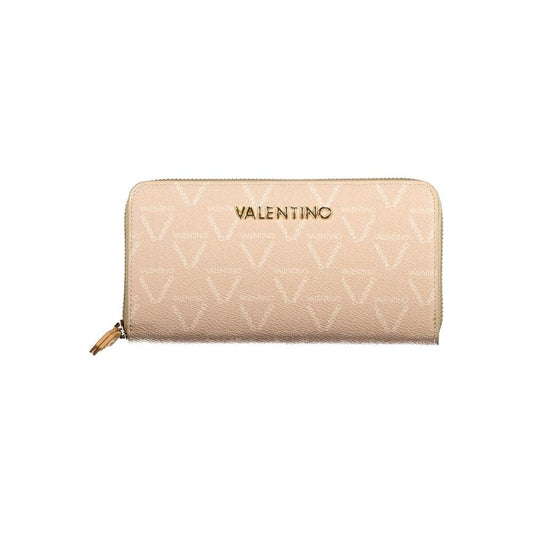 Valentino Bags beige polyethylene wallet with 3 compartments, coin purse, card spaces, contrasting details, and zip closure.